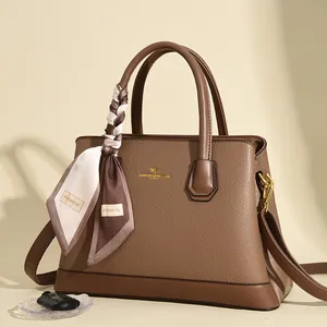 Brown lychee texture leather handbag with silk scarf and gold MAIKEKANGROO logo