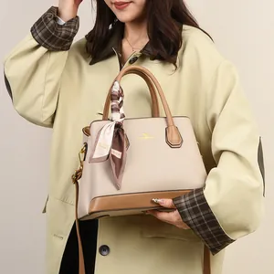 Litchi pattern leather tote bag in beige and brown with silk scarf and kangaroo logo