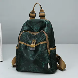Women Vintage Floral Print Oxford Cloth Backpack Large Capacity Anti-Theft Travel Bag Fashion Bamboo Leaf Letter Pattern School Rucksack