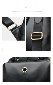 Close-up of gold metal buckles and adjustable straps on a black punk rivet backpack