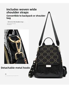 Macro detail of crocodile texture leather and gold studs on a versatile black backpack