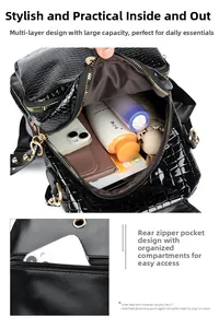 Detail of crocodile pattern backpack featuring multi-layer storage and anti-theft back pocket
