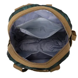Interior view of large floral backpack featuring zipper pocket and open compartments