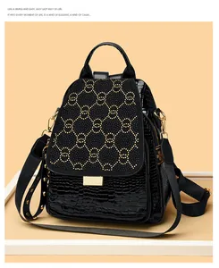 Detail of studded geometric pattern and crocodile texture on black luxury backpack