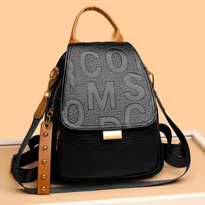 Women Fashion Punk Studded Backpack Street Trend Letter Embossed PU Leather Multi-use Anti-theft Travel Bag With Contrast Handle