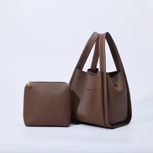 Lychee pattern bucket bag and zipper pouch set in brown with dual handles
