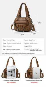 Brown washed leather punk handbag size 24x17x9cm with rivets and multiple zipper pockets