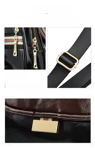 Detailed macro view of golden hardware kangaroo zipper and striped webbing on black backpack
