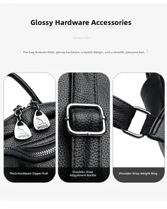 Detail of durable hardware latch and adjustable metal buckle on lychee leather backpack