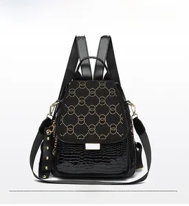 Detailed view of crocodile texture base and golden stud patterns on black backpack
