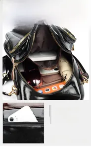 Detail view of large capacity main compartment and anti-theft back zipper pocket of backpack