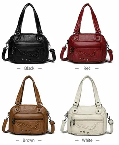 Detailed grid view of washed leather boston bags in black, red, brown and off-white colors
