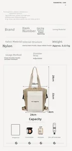 Detailed specs of waterproof nylon backpack showing capacity for A4 magazines and dimensions