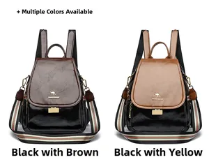 Detail of premium wax leather backpacks with kangaroo logo and striped straps