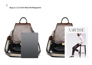 Cowhide backpack size comparison with an 8.3-inch iPad and an A4 magazine for scale