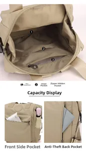 Detailed view of beige waterproof nylon backpack showing multiple storage compartments