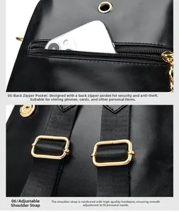 Detail of leather backpack featuring anti-theft back pocket and adjustable gold buckle straps