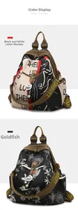 Détails des sacs à dos à motifs graffiti et poissons avec boucles métalliques rétro