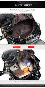 Internal view of crocodile pattern backpack showing large main bag and zipper pocket