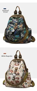 Détails des sacs à dos avec imprimés d'animaux tropicaux et motifs de magnolia blanc