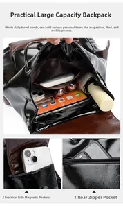 Detailed view of leather backpack with drawstring closure and anti-theft back pocket