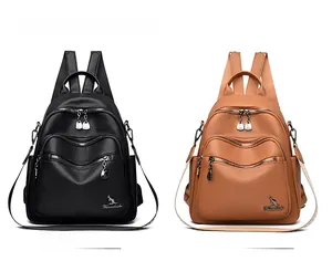 Dual view of black and yellow embroidered leather backpacks for women with metal zippers
