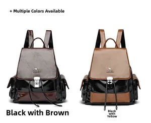 Detail view of premium leather backpacks with drawstring closure and metal buckle design