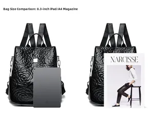 Comparaison de taille du sac à dos à fleurs matelassé avec iPad 8,3 et magazine A4