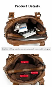 Detailed interior of brown washed leather handbag showing multiple storage compartments