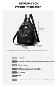 Detailed size specifications of the black embroidered leather backpack with multiple pockets