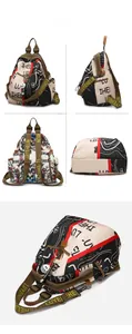 Vue multi-angles d'un sac à dos style graffiti avec des motifs colorés et un smiley