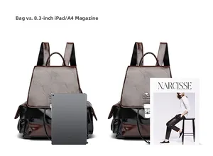 Detail view of leather backpack capacity fitting A4 magazine and 8.3 inch tablet