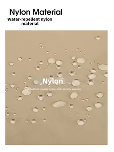 Macro detail of waterproof nylon fabric with water droplets on the surface of the backpack