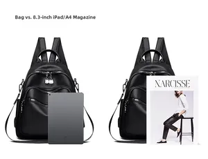 Size comparison of black pebble leather backpack with A4 magazine and 8.3-inch iPad
