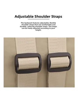 Detail of adjustable nylon shoulder straps with durable matte black plastic buckles