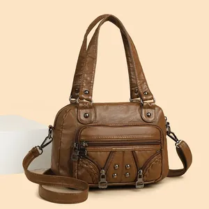 Vintage Motorcycle Bag Genuine Washed Leather Handbag For Women Large Capacity Woven Rivet Shoulder Crossbody Bag Satchel Punk Style