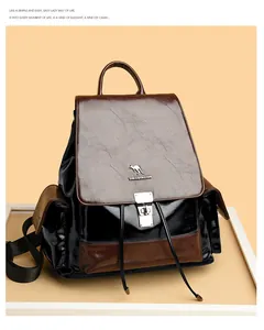 Detail of vintage drawstring backpack featuring premium leather finish and metal lock buckle