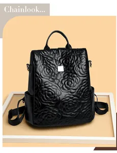 Détails d'un sac à dos noir en similicuir avec broderies roses 3D et ornements en métal argenté