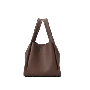 Coffee brown lychee pattern leather bucket bag with wide handles and HOCOMU logo