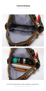 Vue intérieure du sac à dos coloré montrant le compartiment principal et le rangement multi-poches