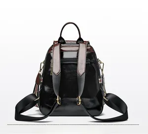 Detailed back view of vintage leather backpack with anti-theft zipper and gold hardware