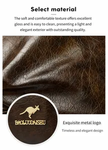 Primer plano de cuero encerado con logo de canguro dorado y detalles metálicos pulidos