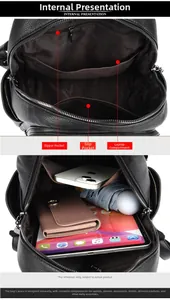 Detail view showing internal compartments and storage capacity of the leather backpack