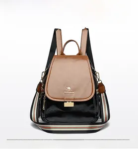 Detail of premium wax leather backpack with colorful strap and metal kangaroo logo