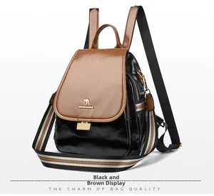 Close-up of leather backpack flap with gold kangaroo logo and colorful webbing strap