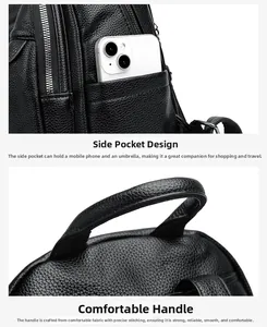 Detail of lychee pattern leather backpack featuring side pockets and a reinforced handle
