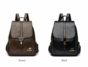 Detalle de mochilas de cuero encerado vintage en negro y marrón con dijes de gato