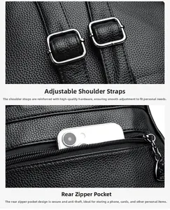 Detail view of lychee texture leather backpack showing adjustable straps and anti-theft pocket