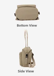 Detailed bottom and side views of khaki waterproof nylon backpack with side buckle