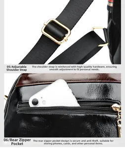Detail of adjustable nylon strap and anti-theft back pocket for black leather backpack